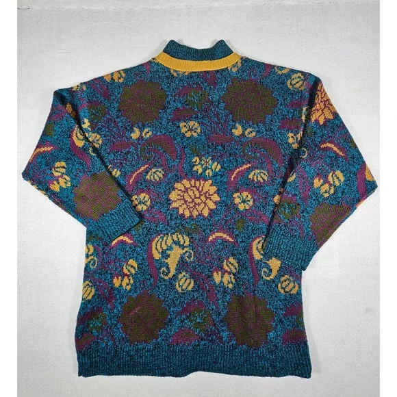 Vintage Elsa Phillips Teal Floral Paisley Mock Neck Knit Sweater Made in USA 402 - Picture 6 of 7